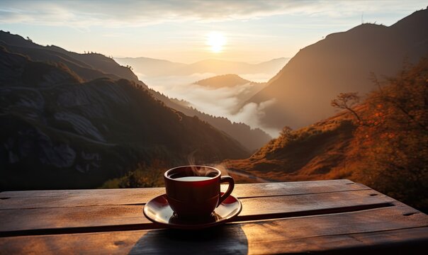 Cup with hot coffee on a wooden table against the background of sunrise and mountains, generative AI