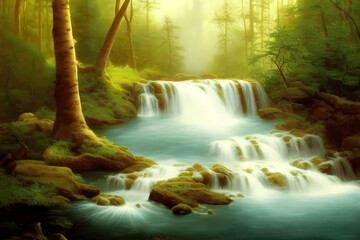 Majestic waterfall cascading down. Forest environment outdoor.