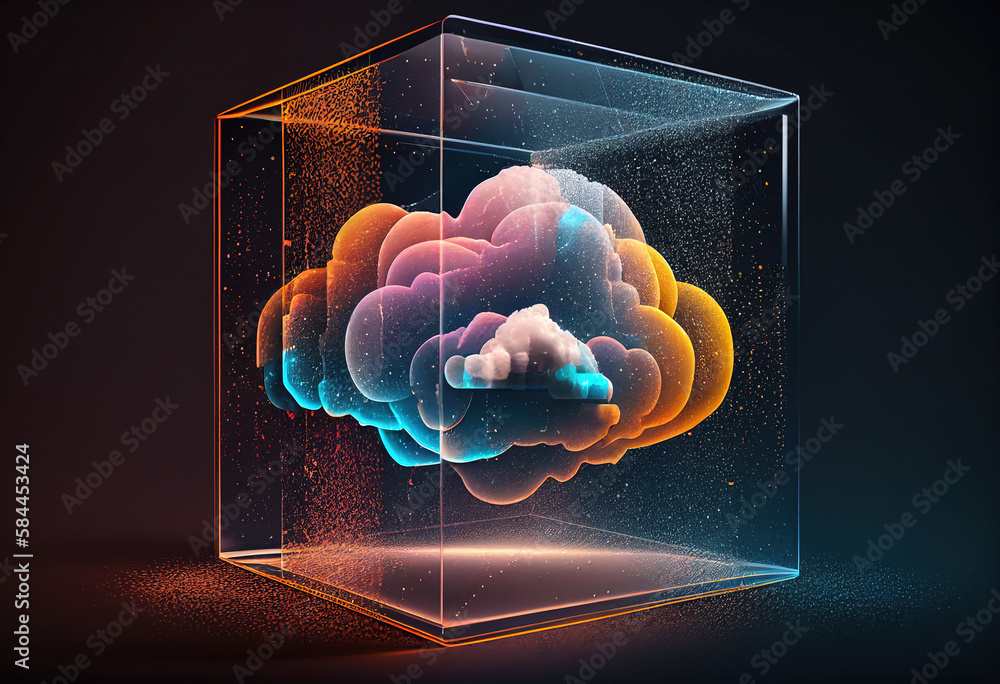 Poster transparent glass with colorful cloud server concept, futuristic digital cloud computing glass box c