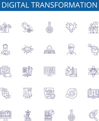 Digital transformation line icons signs set. Design collection of Digital, Transformation, Technology, Automation, Innovation, Business, Process, Analytics outline concept vector illustrations