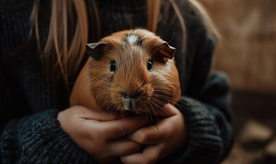 A girl holding a guinea pig in her arms, generative AI - obrazy, fototapety, plakaty