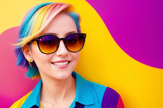 Portrait of a woman with colorful hair and sunglasses on a abstract painted background, summer vibrancy. Generative AI.