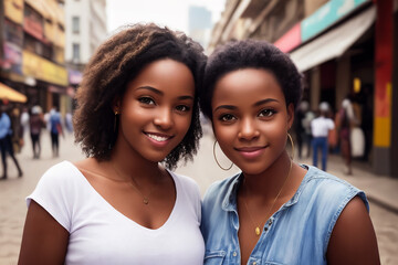 Portrait of a beautiful afro girls, city street as a background. Generative AI.