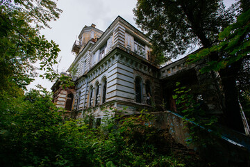 Old overgrown abandoned Philipov Mansion in Moscow Region, Russia.