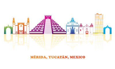 Colourfull Skyline panorama of city of Merida, Yucatan, Mexico - vector illustration - obrazy, fototapety, plakaty