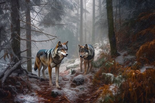 Two wolves in cold winter forest. Generative AI