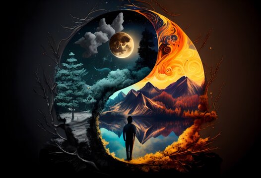 Illustration of a human standing in front of yin yang made of nature landscapes contrast created with Generative AI technology