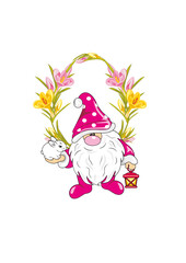 Funny Nordic gnome with a cute rabbit in floral frame