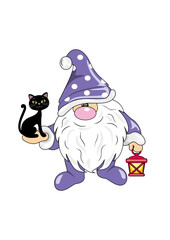 Funny Nordic gnome with a cute black cat