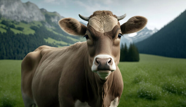 Cow in the field new quality universal colorful technology stock image illustration design, generative ai