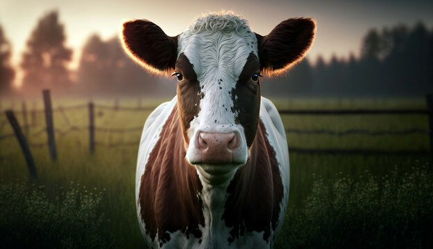 Cow in the field new quality universal colorful technology stock image illustration design, generative ai