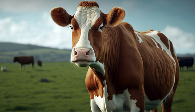 Cow in the field new quality universal colorful technology stock image illustration design, generative ai