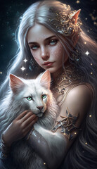 A beautiful and young girl with a wild white cat in her arms, a portrait of a gentle fairy. Created with generative AI.