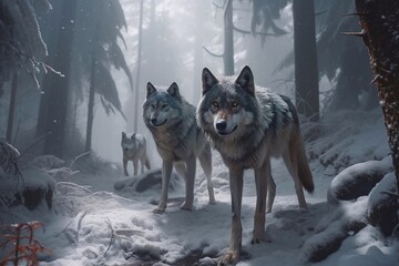 Wolves in the forest in winter. Generative AI