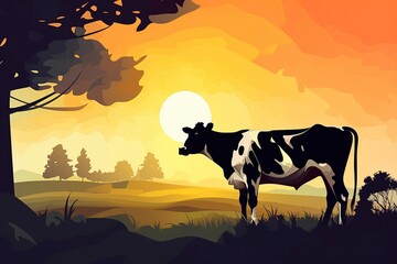 Cow in a field at sunrise. Generative AI