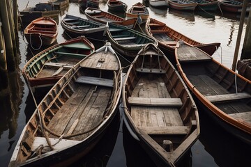 Wooden boats in a harbor. Generative AI