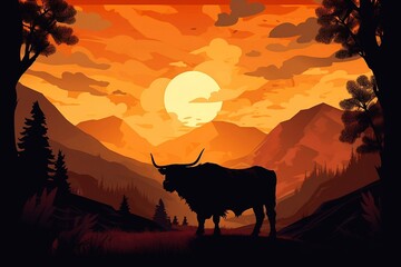 Highland Cattle On Sunset. Generative AI