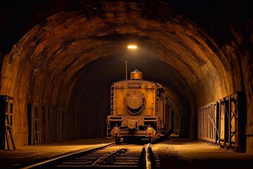 An abandoned train in an old subway. Generative AI