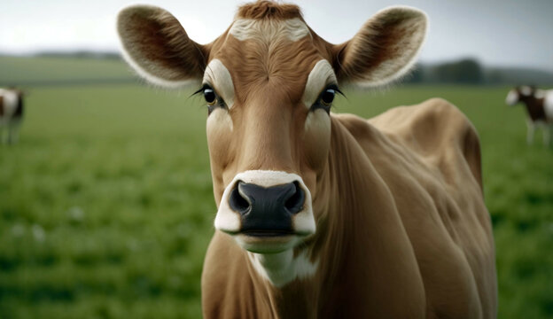 Cow in the field new quality universal colorful technology stock image illustration design, generative ai