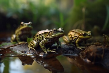 Fototapeta premium Frogs on a pond in the in the forest. Generative AI