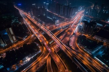 Fototapeta na wymiar Aerial view of traffic on massive highway intersection at night. Generative AI