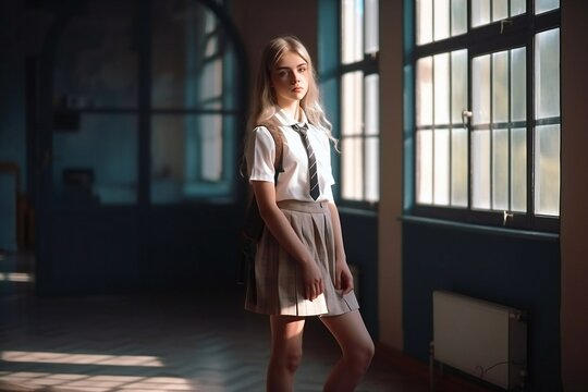 Schoolgirl in a white shirt with backpack in school. Generative AI