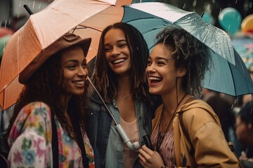 Group of three beautiful young multiracial women having fun walking on the rain. Generative AI