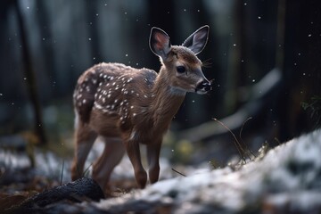 Close up baby deer in forest in winter. Generative AI