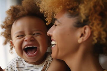 Portrait of enjoy happy love family african american mother playing with adorable little african american baby - obrazy, fototapety, plakaty
