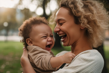 Portrait of enjoy happy love family african american mother playing with adorable little african american baby