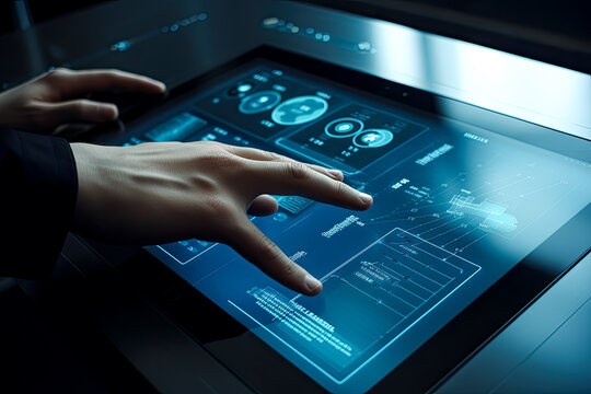 Touchscreen interface. - Generative Ai. - digital, technology, device, screen, hand, finger, gestures, swiping, pinching, tapping, pressing, navigation, display, user-friendly, responsive, intuitive.
