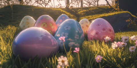 Happy easter! Closeup Colorful Easter eggs on green grass field during sunset background. bright colors. Generative AI