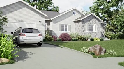 3d animation. A beautiful white American well-kept house.