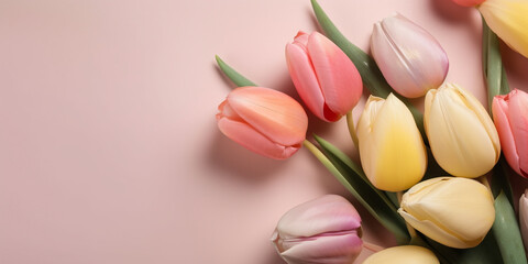Easter celebration concept. Top view photo of colorful easter eggs small baskets ceramic bunnies yellow and pink tulips on isolated pastel beige background with copyspace. Generative AI