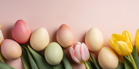 Easter celebration concept. Top view photo of colorful easter eggs small baskets ceramic bunnies yellow and pink tulips on isolated pastel beige background with copyspace. Generative AI