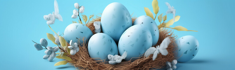 Easter poster background template with Easter eggs in the nest on light blue background. Greetings and presents, Horizontal background for greeting cards and banner. Top view. Generative AI
