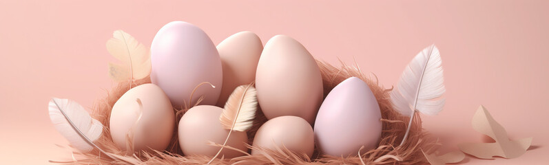 Easter poster background template with Easter eggs in the nest on light pink background. Greetings and presents for Easter Day.  Horizontal background for greeting cards and banner. Generative AI