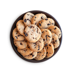 Delicious chocolate cookies on a brown plate, isolated on a white background. Top view.