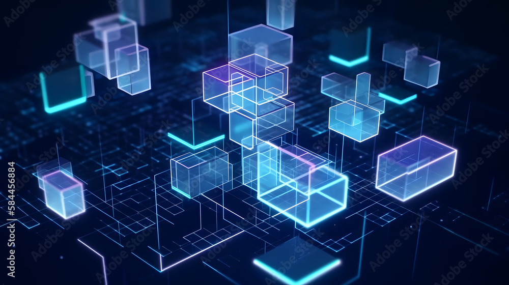 Poster block chain concept. isometric digital blocks connection with each other and shapes crypto chain. bi