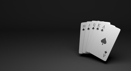 sequence of cards 10, J, Q, K, A, white deck with black numbers, sequence of poker (3d illustration)