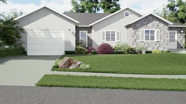 3d animation. A beautiful white American well-kept house.