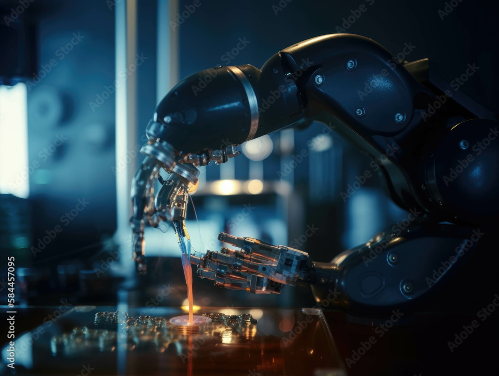 Poster a robotic arm conducting a complex scientific experiment with the help of ai. . ai generation.
