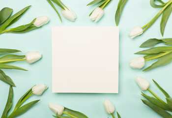 White tulips on color background, top view. Greeting card mockup