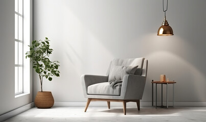 Fototapeta premium Scandinavian style living room with grey fabric armchair, golden lamp and plants against an empty white wall, 3d rendering, generative AI