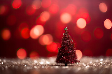Christmas background with Xmas tree and sparkle bokeh lights on a red canvas background. Winter holiday theme. with copy space. - Generative Ai. - Christmas, Xmas, Tree, Bokeh, Lights, Red, Canvas.