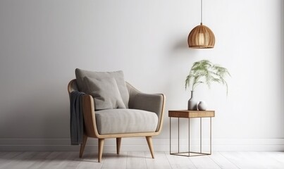 Fototapeta na wymiar Scandinavian style living room with grey fabric armchair, golden lamp and plants against an empty white wall, 3d rendering, generative AI