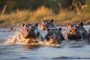 A group of hippopotamuses move in water. Generative AI.