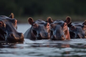 A group of hippopotamuses move in water. Generative AI.