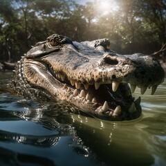 Fototapeta premium A crocodile's head, with its mouth open just under the water's surface. Generative AI.