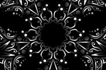 Beautiful caleidoscope symmetrical Black and white gradient flowers line art of traditional background batik dayak ornament design template elements